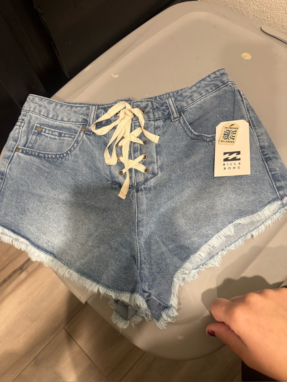 Billabong Light Blue Lace-Up Frayed Hem Denim Shorts